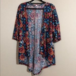 Pink & blue fuzzy floral S Lularoe Lindsay Kimono